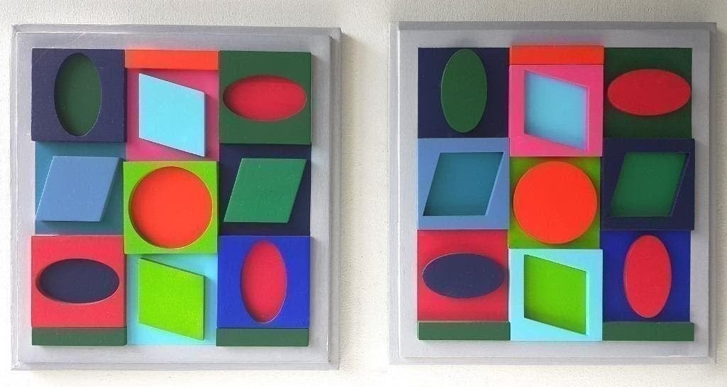 Victor Vasarely-TURKIZ POSITIF & NEGATIF -Houtreliëf-1967, Ophalen of Verzenden