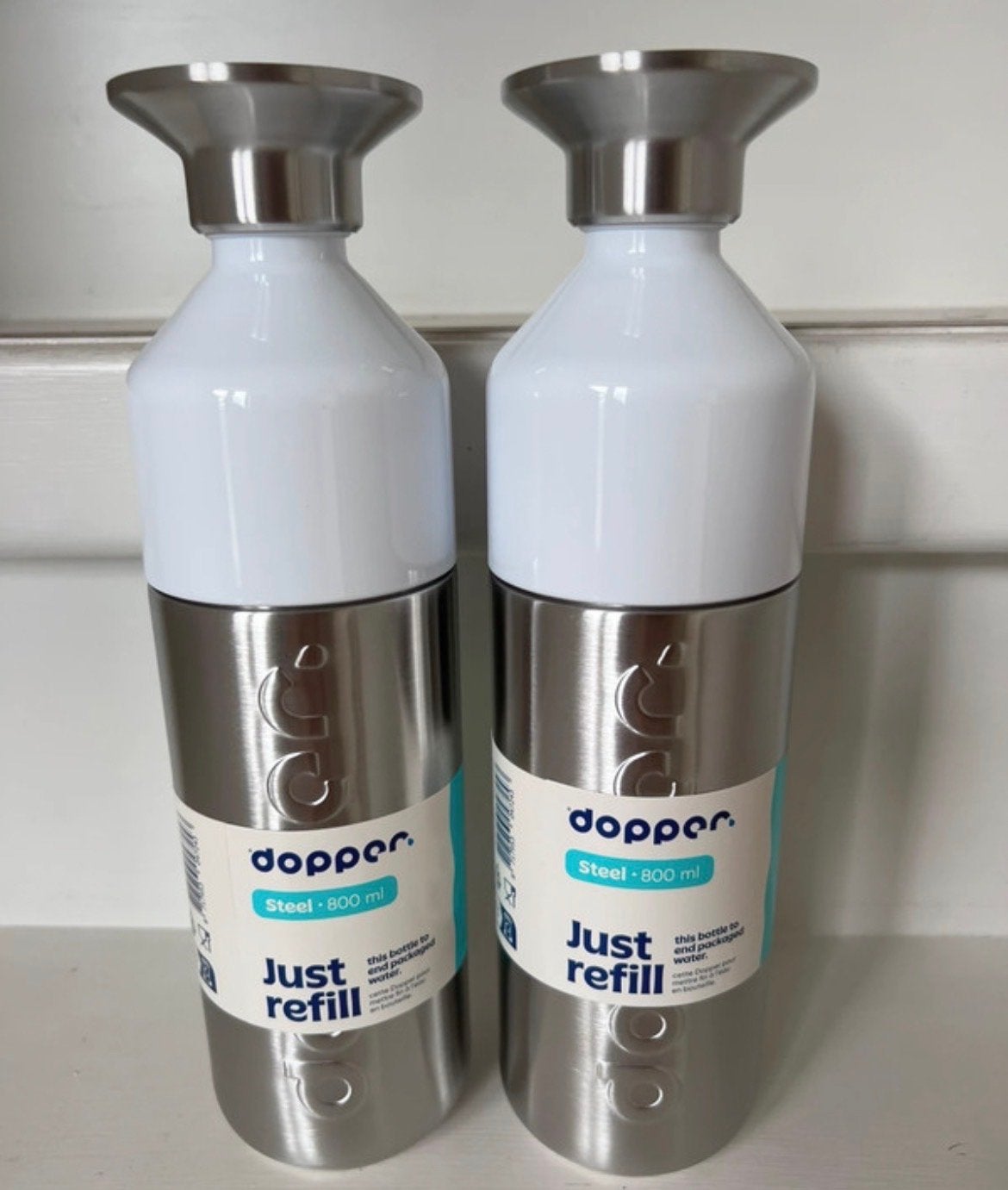 Dopper Steel 800 ml drinkfles - Wit/Zilver (2 stuks), Overige typen, Nieuw, Ophalen of Verzenden, Metaal