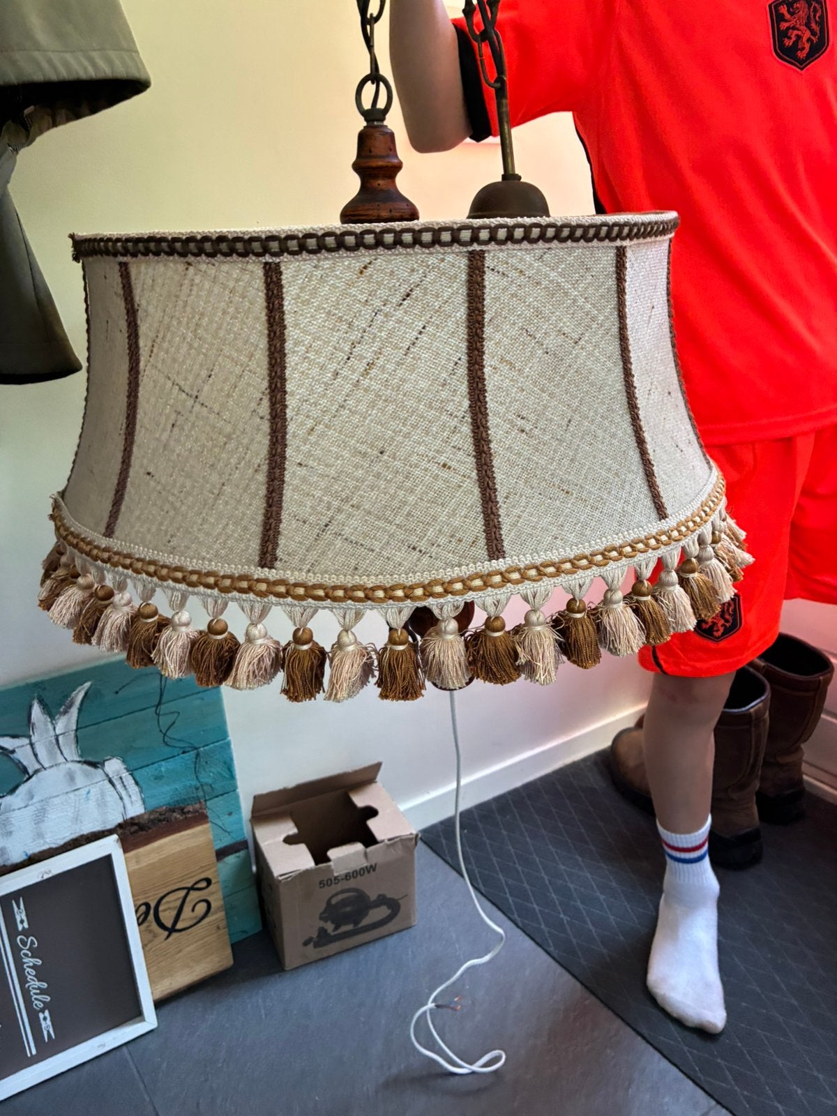 Vintage hanglamp met houten kandelaar, Ophalen
