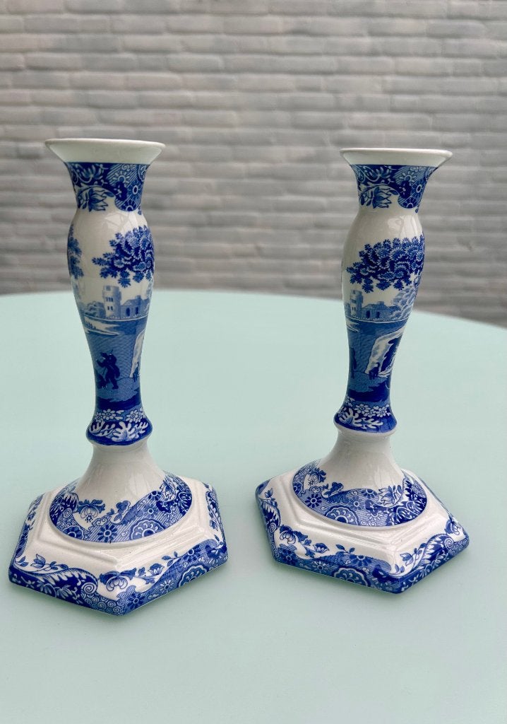 Vintage Spode Blue Italian Pair Candlesticks 18cm England, Ophalen, Blauw, Overige merken, Zo goed als nieuw
