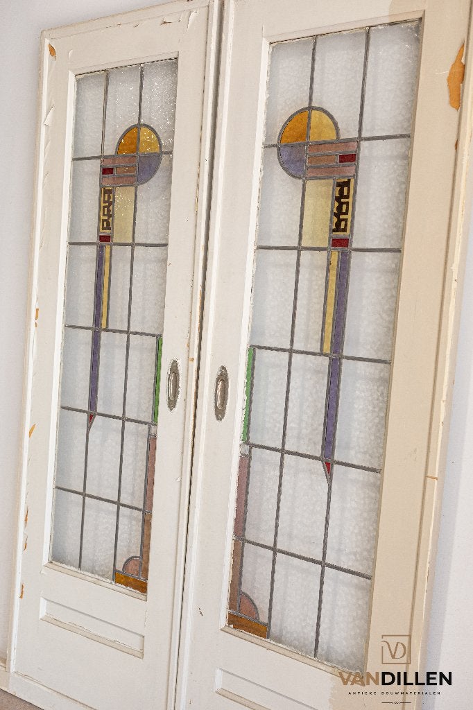 Oude ensuite schuifdeuren met art deco glas in lood motief, Doe-het-zelf en Verbouw, Deuren en Horren, Gebruikt, 120 cm of meer