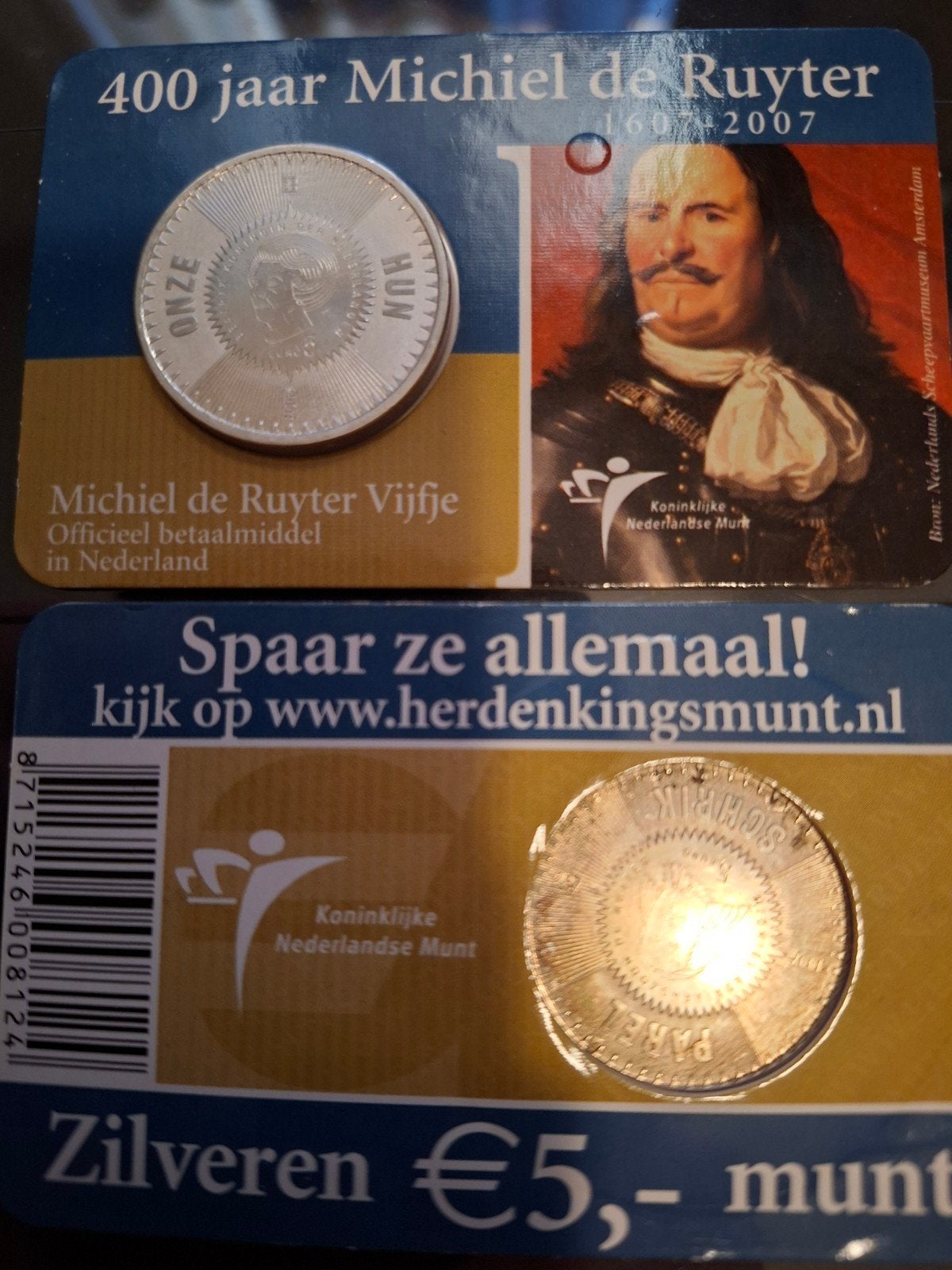 coincard 400 jaar Michiel de Ruyter 2007, Ophalen of Verzenden, Overige landen, 5 euro, Zilver