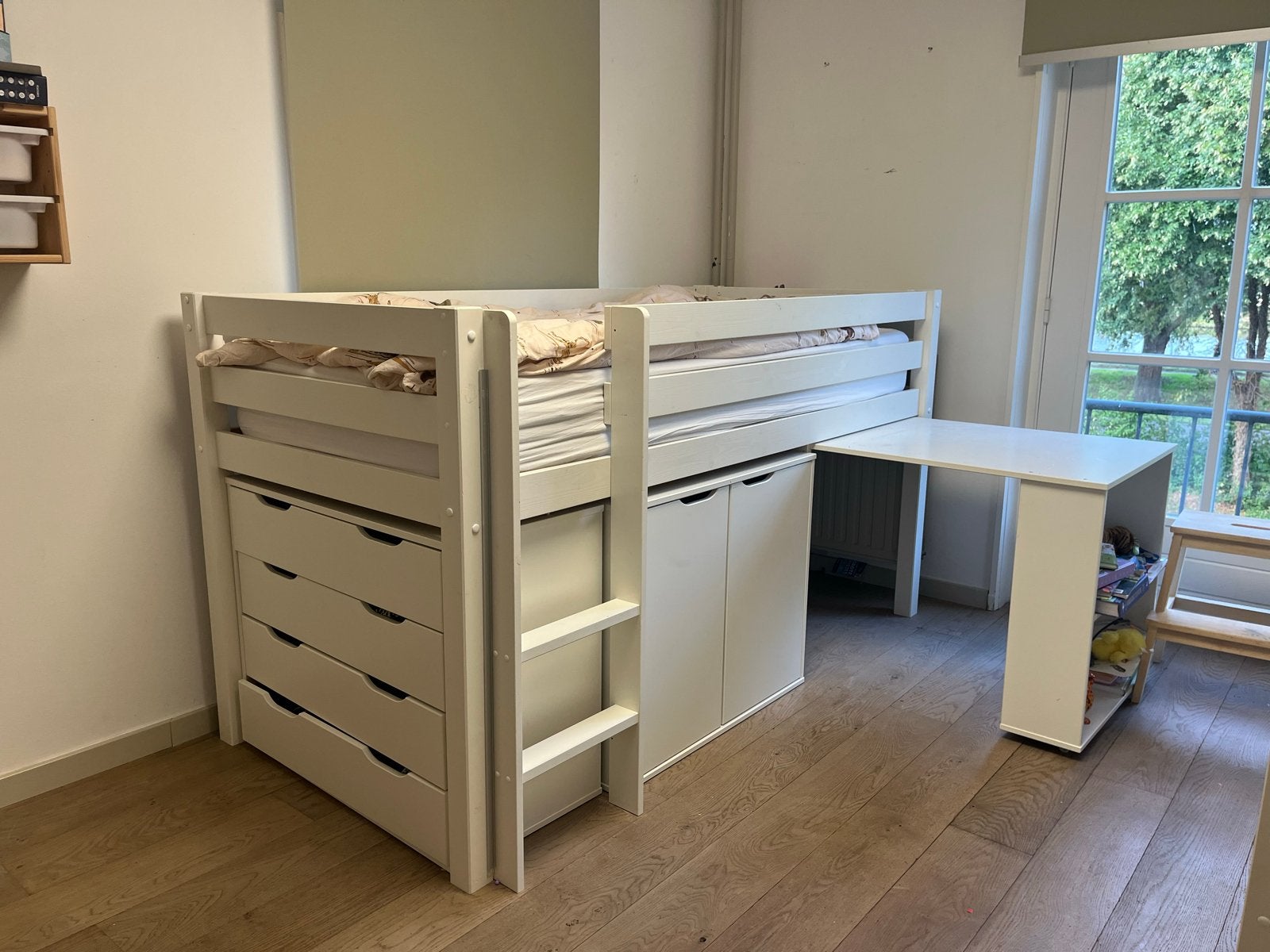 Vipack Pino Halfhoogslaper met lades en bureau - wit, Gebruikt, 90 cm, Eenpersoons, Minder dan 160 cm