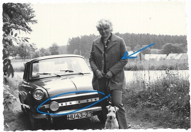 Skoda auto vrouw bos hond foto, 1960 tot 1980, Verzenden, Foto, Zo goed als nieuw