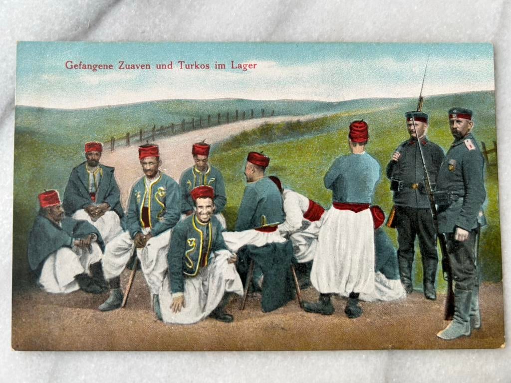 Wo1: ak kriegskarte gefangene zouave turkos im lager, Ophalen of Verzenden, Landmacht, Nederland, Foto of Poster