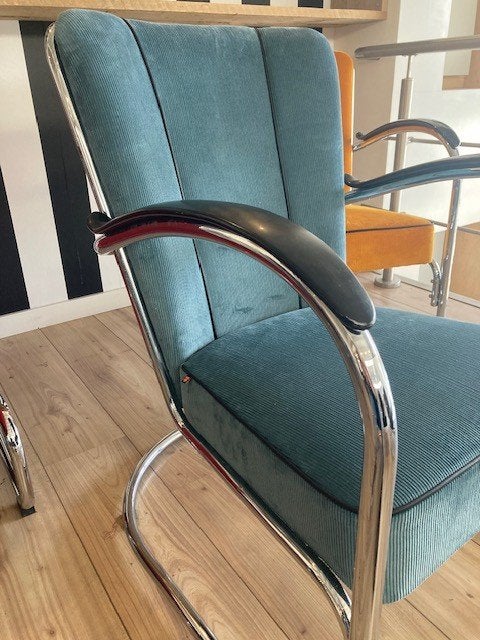 Gispen 412 fauteuil , chroom, nieuwe grijsblauwe ribstof, Design, 75 tot 100 cm, Zo goed als nieuw, Stof