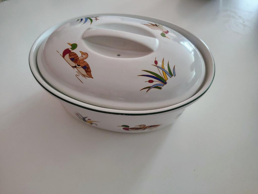 Vintage emaille pan met eenden decoratie, Ophalen, Gebruikt, Overige materialen, Overige typen