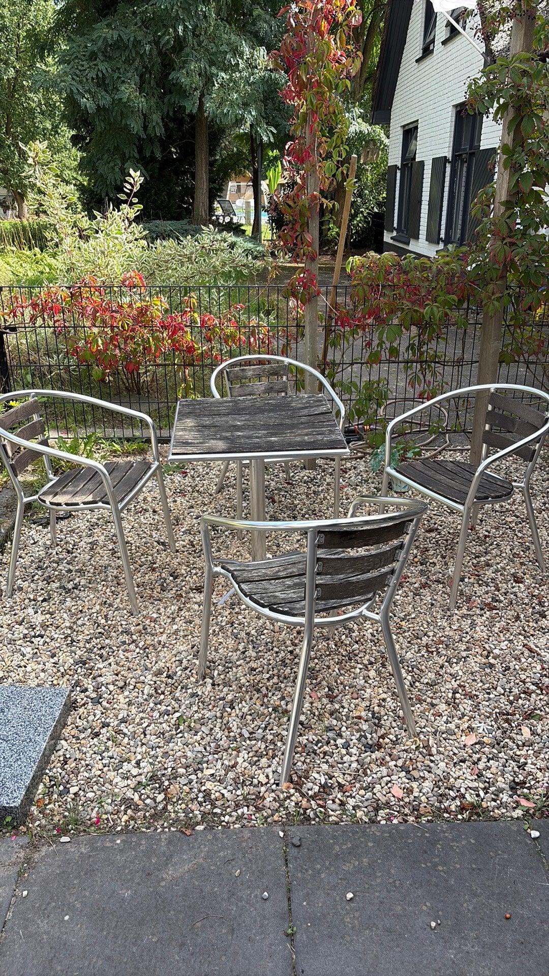 Bistro setje 5 tafels 20 stoelen, Ophalen, Gebruikt, Meubilair