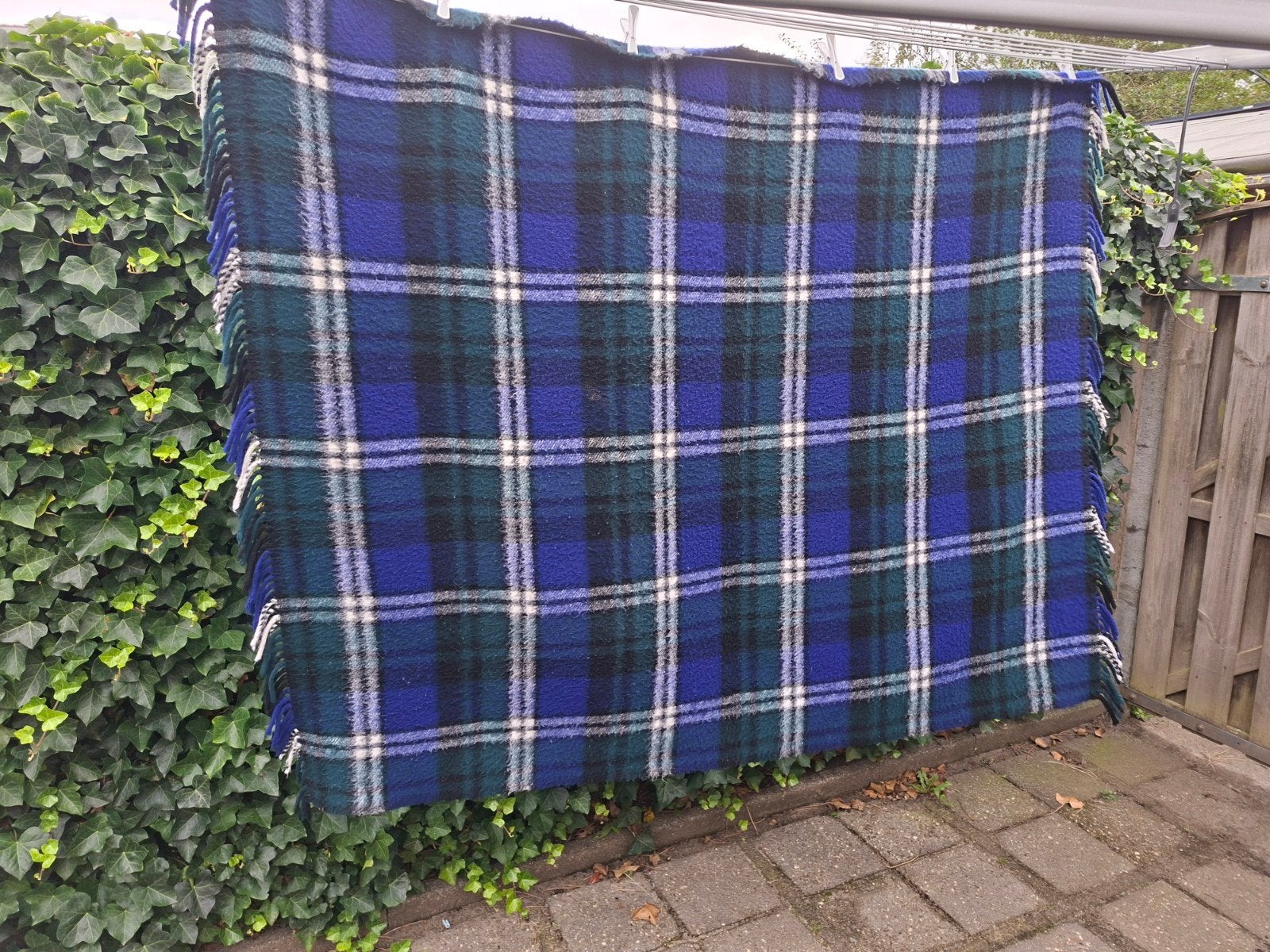 Vintage AaBe wollen deken, blauw geruit, 160x140 cm, Gebruikt, 100 tot 150 cm, Groen, Ophalen of Verzenden