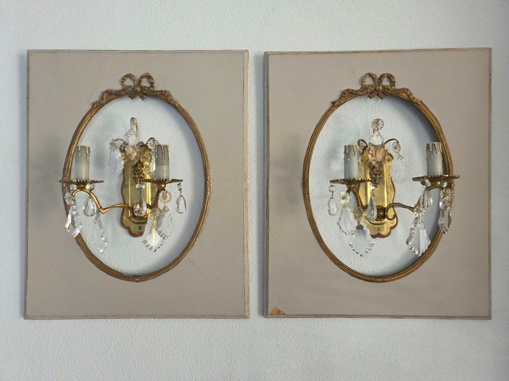 Set van 2 Vintage Kristallen Wandlampen in lijst, Huis en Inrichting, Ophalen, Gebruikt, E14 (klein), Wandlamp