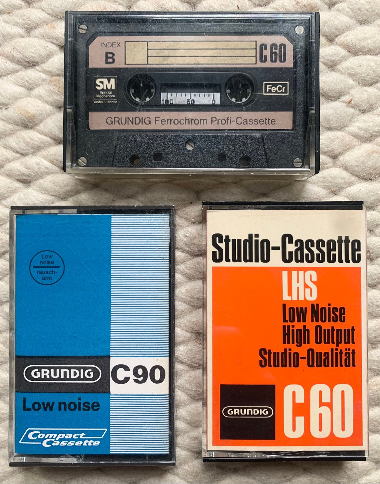 Zeldzaam! 3x vintage GRUNDIG cassettebandjes cassettes tapes, Gebruikt, Voorbespeeld, Grundig BASF 3M, Nvt