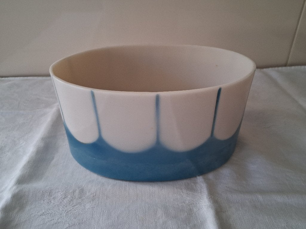 Aparte wit blauwe schaal melkglas met blauw *eureka*, Antiek en Kunst, Ophalen of Verzenden