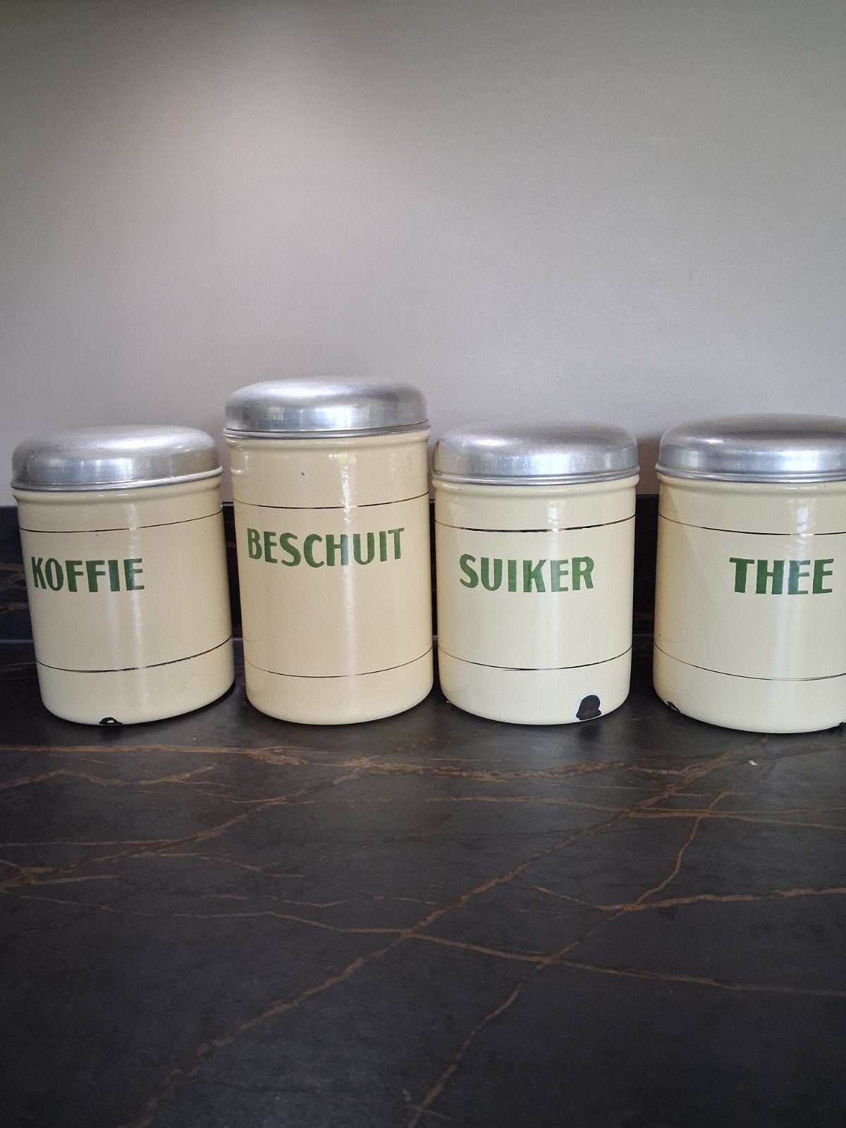 Vintage voorraadblikken set Koffie, Thee, Suiker,, Antiek en Kunst, Ophalen of Verzenden