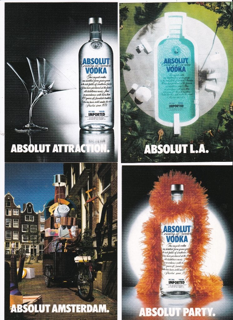 4X ABSOLUT VODKA -reclamekaarten w.o. Absolut Amsterdam, Ophalen, 1980 tot heden, Ongelopen, Cultuur en Media