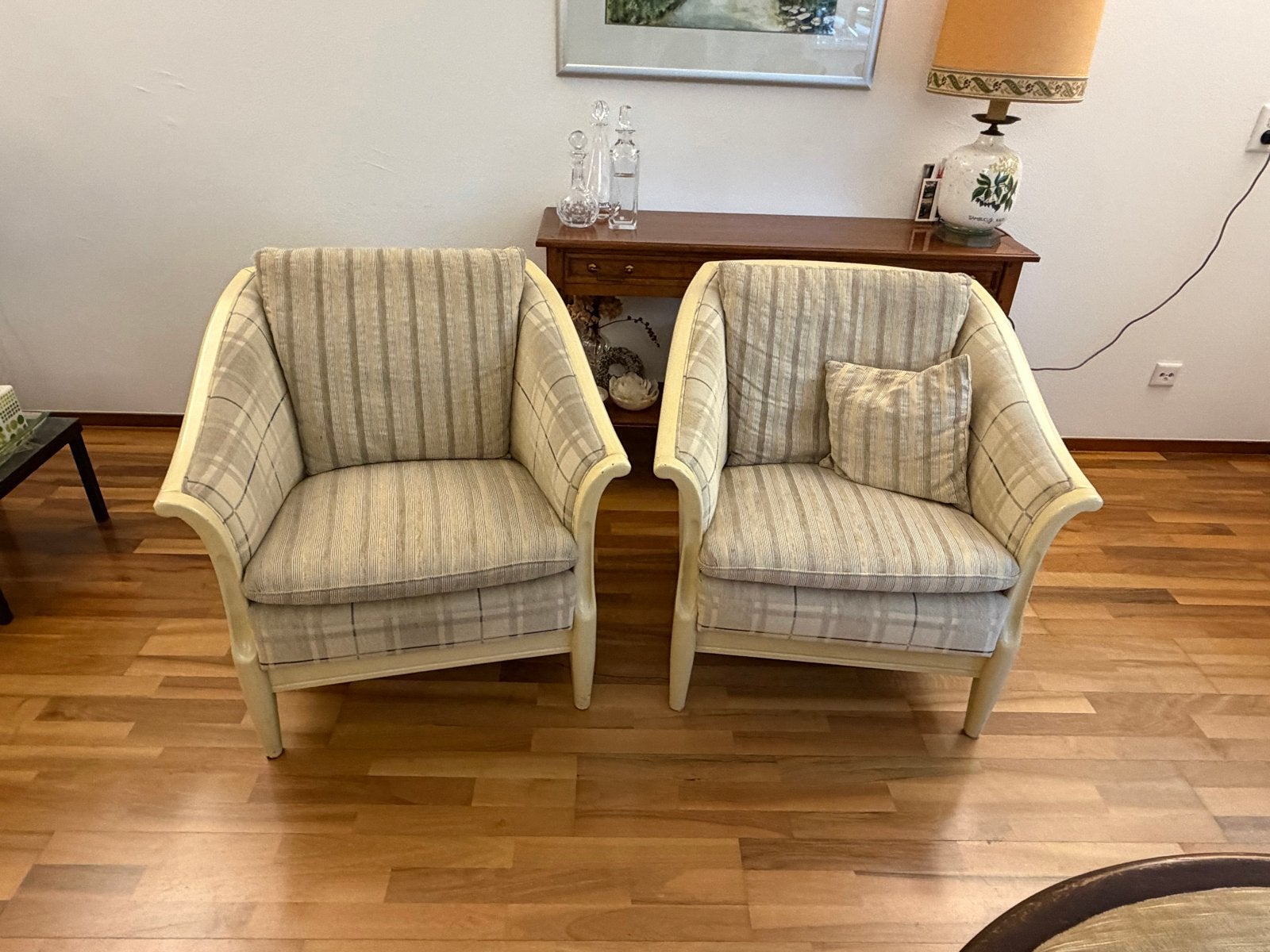 2 fauteuils met ruit- en streepmotief, Huis en Inrichting, Stoelen, Ophalen, Gebruikt, Overige kleuren, Eén