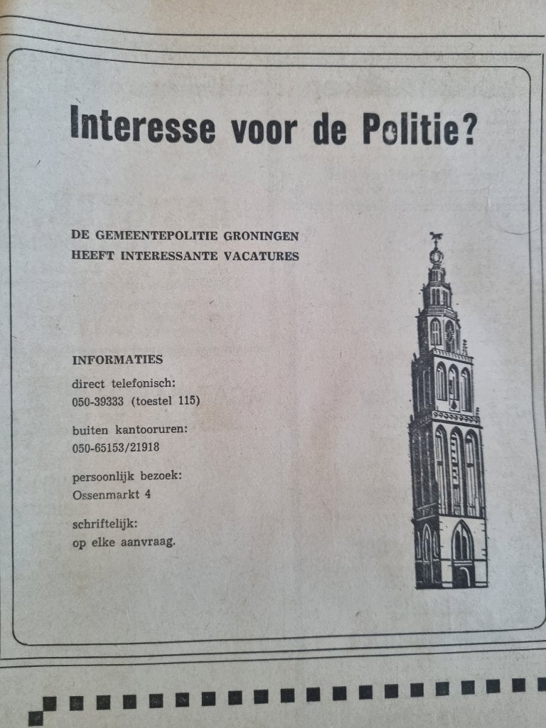 Advertentie Politie Gemeente Groningen (1970), Ophalen of Verzenden, 1960 tot 1980, Knipsel(s)
