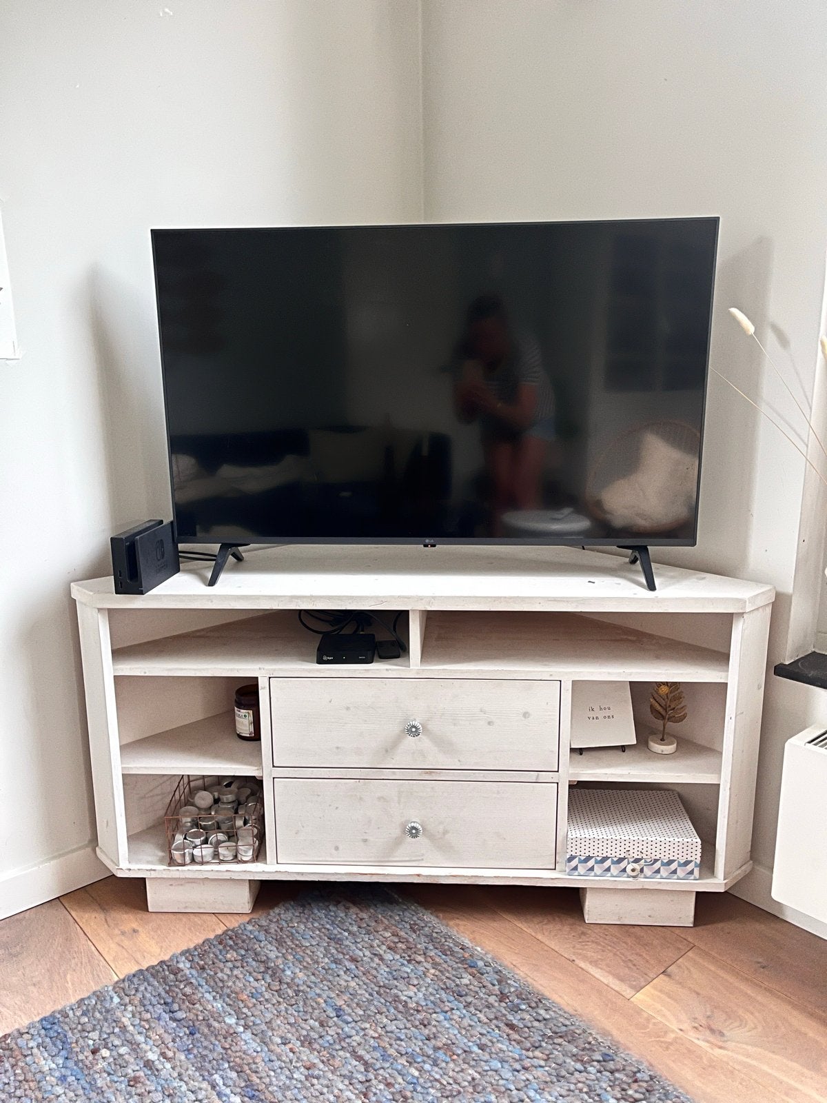 Hoek TV-meubel met lades - Wit hout, Ophalen, Gebruikt, 100 tot 150 cm, Minder dan 100 cm