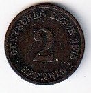 2  pfennig  1875  C Duitsland. km. 2, Ophalen of Verzenden, Duitsland, Losse munt