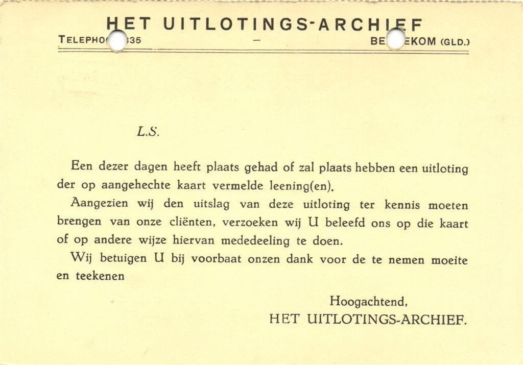 Het Uitlotings-Archief, Bennekom - 06.1934 - briefkaart, Postzegels en Munten, Ophalen of Verzenden, Briefkaart