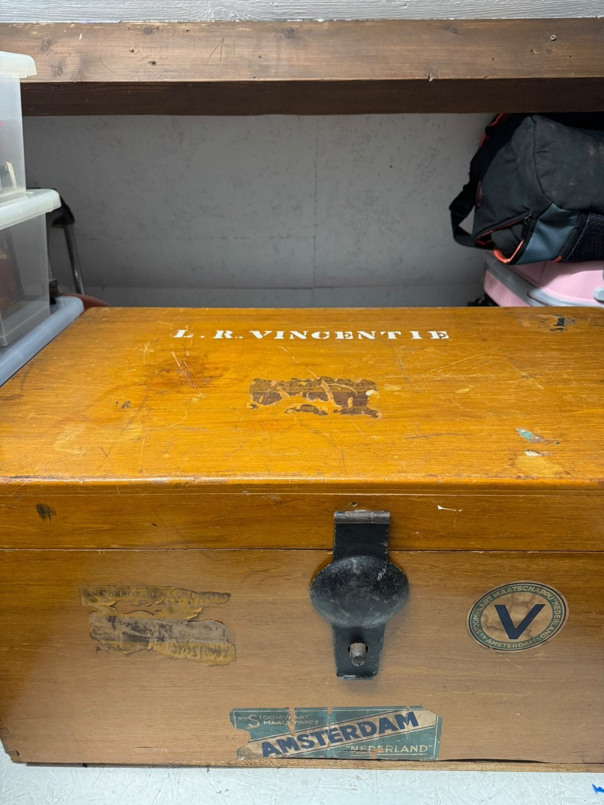 Antieke houten kist - Nederlandse Stoomvaart Maatschappij, Ophalen, 50 – 75, Gebruikt, 100 tot 150 cm