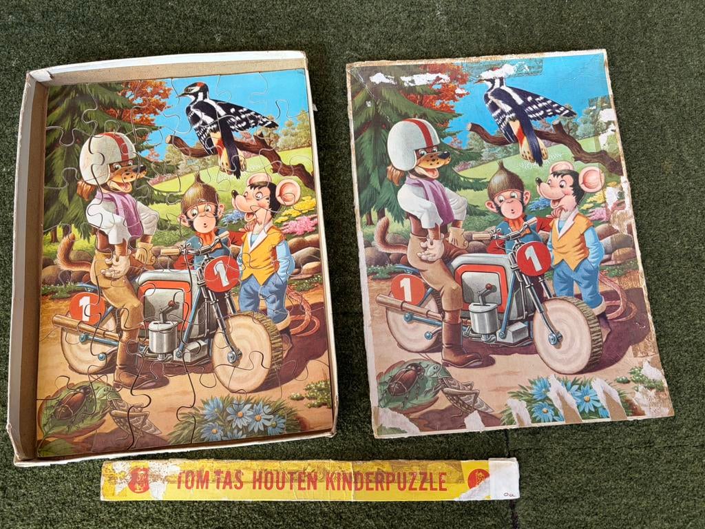 Oude houten kinderpuzzel met dieren (Tom Tas), Ophalen of Verzenden, 10 tot 50 stukjes, Gebruikt, Van hout