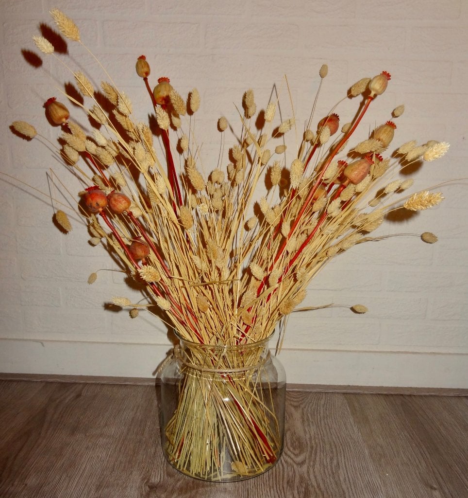Mooie glazen vaas met droogbloemen, Ophalen of Verzenden, Zo goed als nieuw
