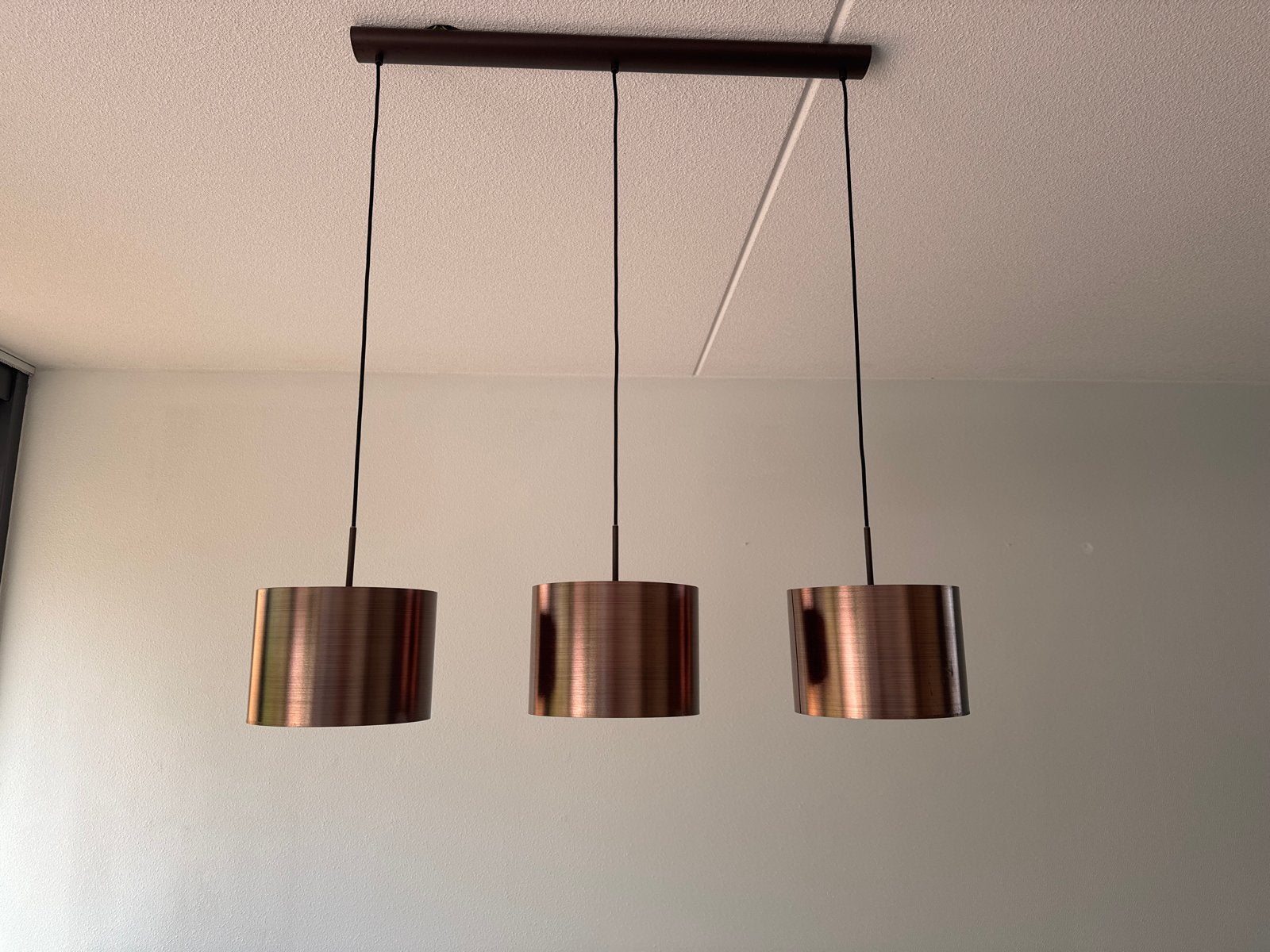 Moderne hanglamp met 3 koperkleurige kappen - Almere Poort, Ophalen, Gebruikt, Metaal, E27 (groot)