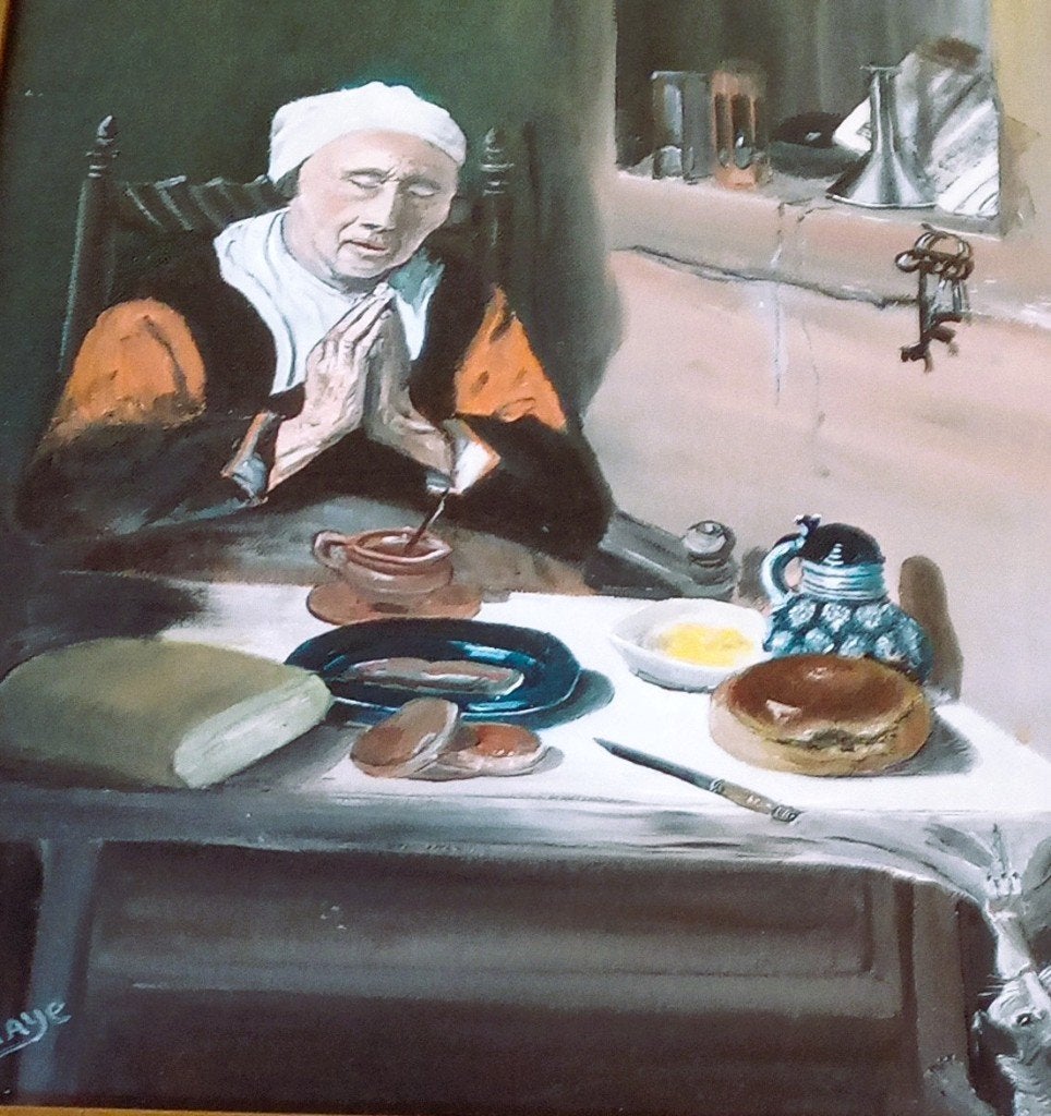Schilderij met titel grace before meat, Ophalen of Verzenden