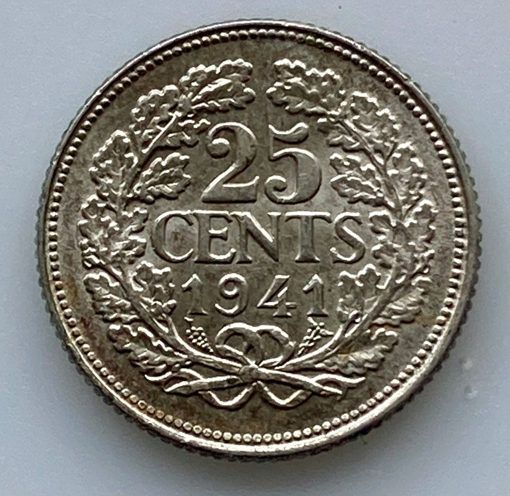 Zilveren 25 cent / Kwartje Nederland Wilhelmina 1941, Verzenden, Zilver, 25 cent, Koningin Wilhelmina