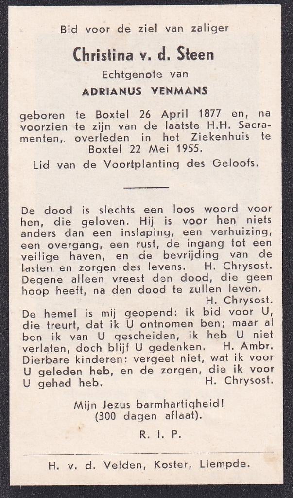 Steen Christina 1877 Boxtel 1955, Ophalen of Verzenden, Bidprentje