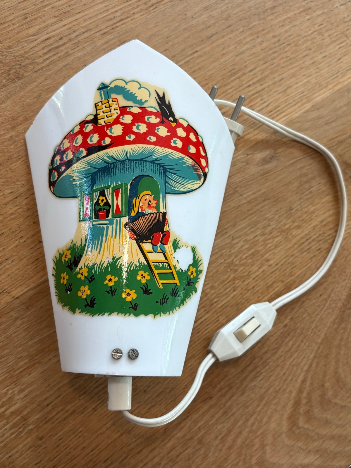 Vintage paddenstoel nachtlampje met kabouter, Ophalen of Verzenden