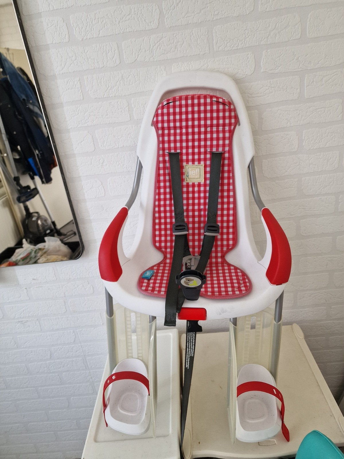 Lief! Achterzitje voor fiets - Rood/Wit Geruit, Ophalen, Achterzitje, 9 t/m 18 kg, Lief!