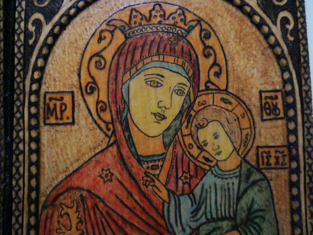 Byzantijns 2 luik Icoon St. Nicolaas Maria Jezus Pyrografie, Antiek en Kunst, Ophalen of Verzenden