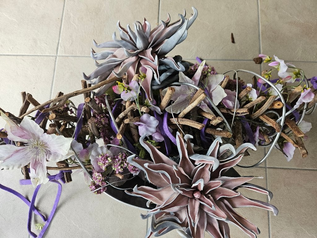 kunstbloemen in mooie schaal, Ophalen, 40 cm, Zo goed als nieuw, Bloemstuk