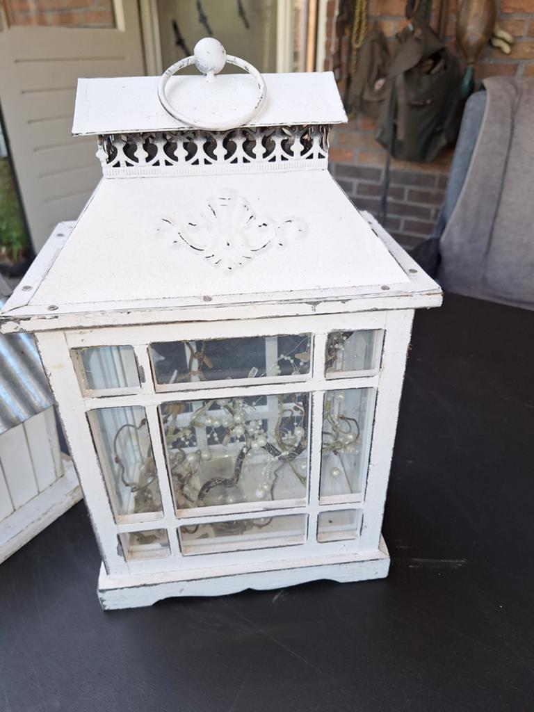 Witte decoratieve lantaarn met verlichting, Hout, Gebruikt, Ophalen of Verzenden, Landelijk