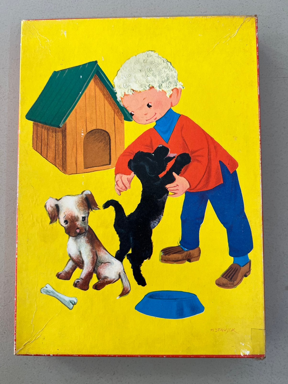 Vintage houten kinder puzzel jongen met hondjes 25 stukjes., 10 tot 50 stukjes, Ophalen of Verzenden, Zo goed als nieuw, Van hout
