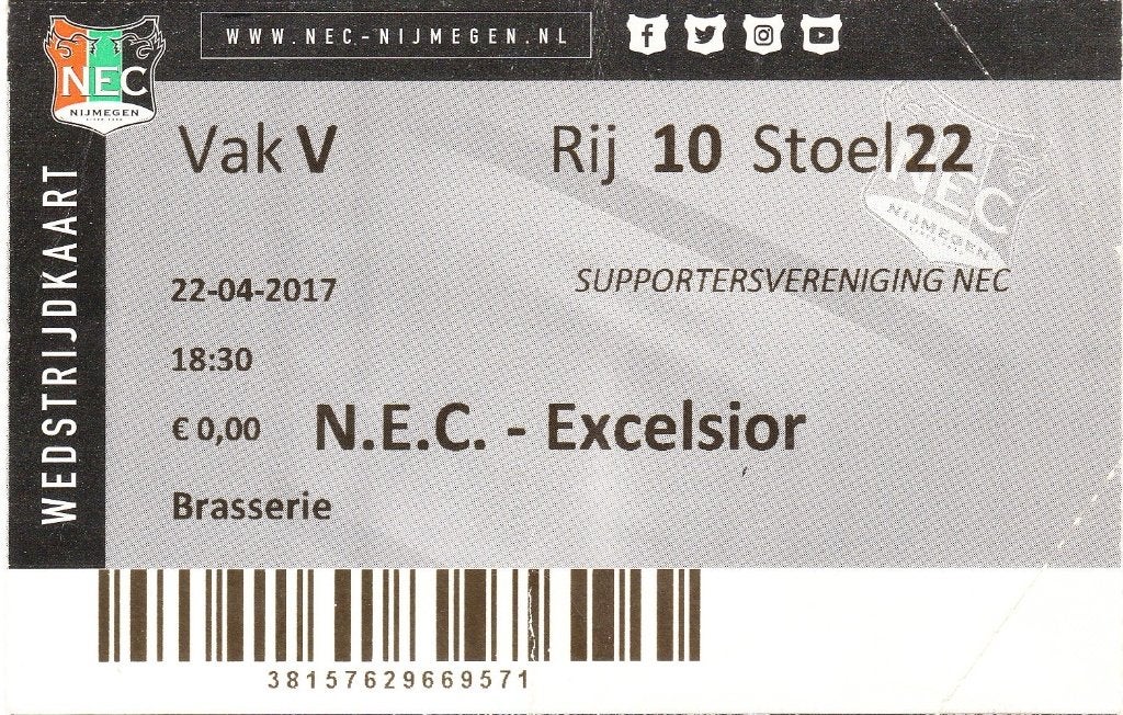 Ticket NEC - Excelsior 2017, Ophalen of Verzenden, Gebruikt, Overige binnenlandse clubs, Overige typen