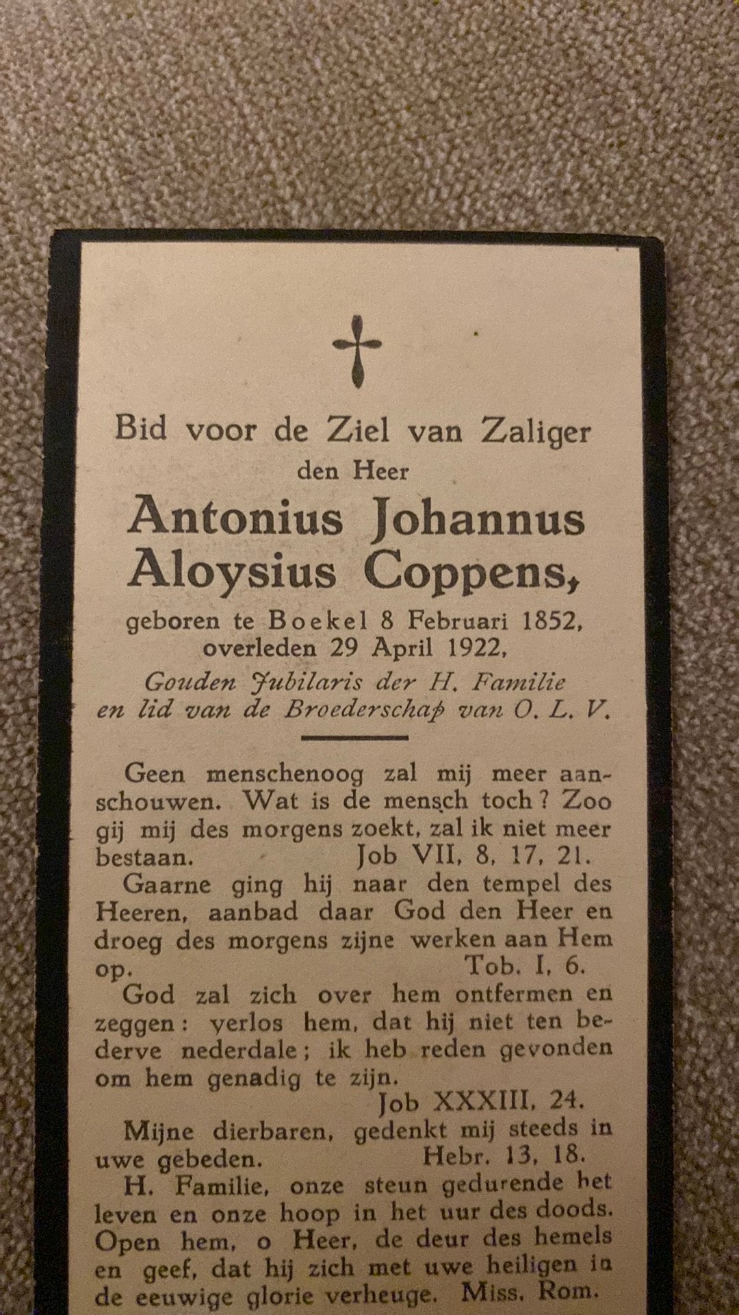 Antonius JA Coppens 1852 Boekel 1922, Ophalen of Verzenden