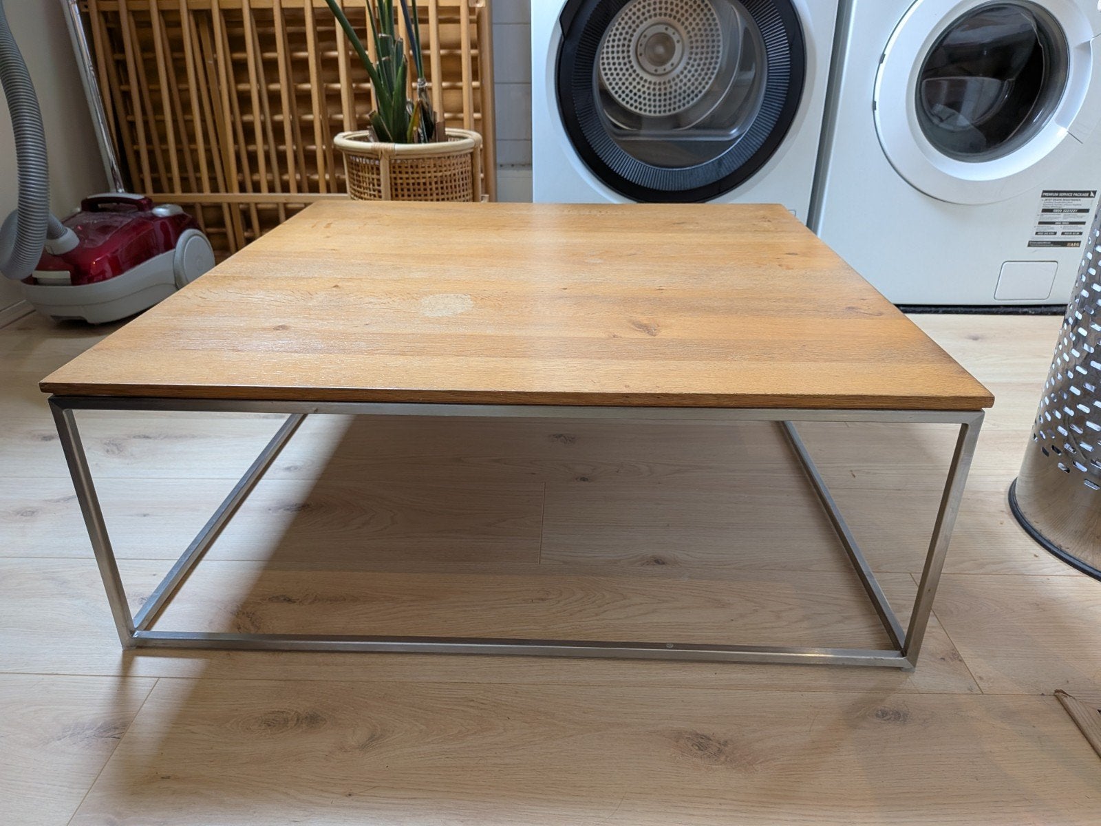 Eikenhouten salontafel met stalen frame (80x80x30), Ophalen, Gebruikt, 50 tot 100 cm, Vierkant