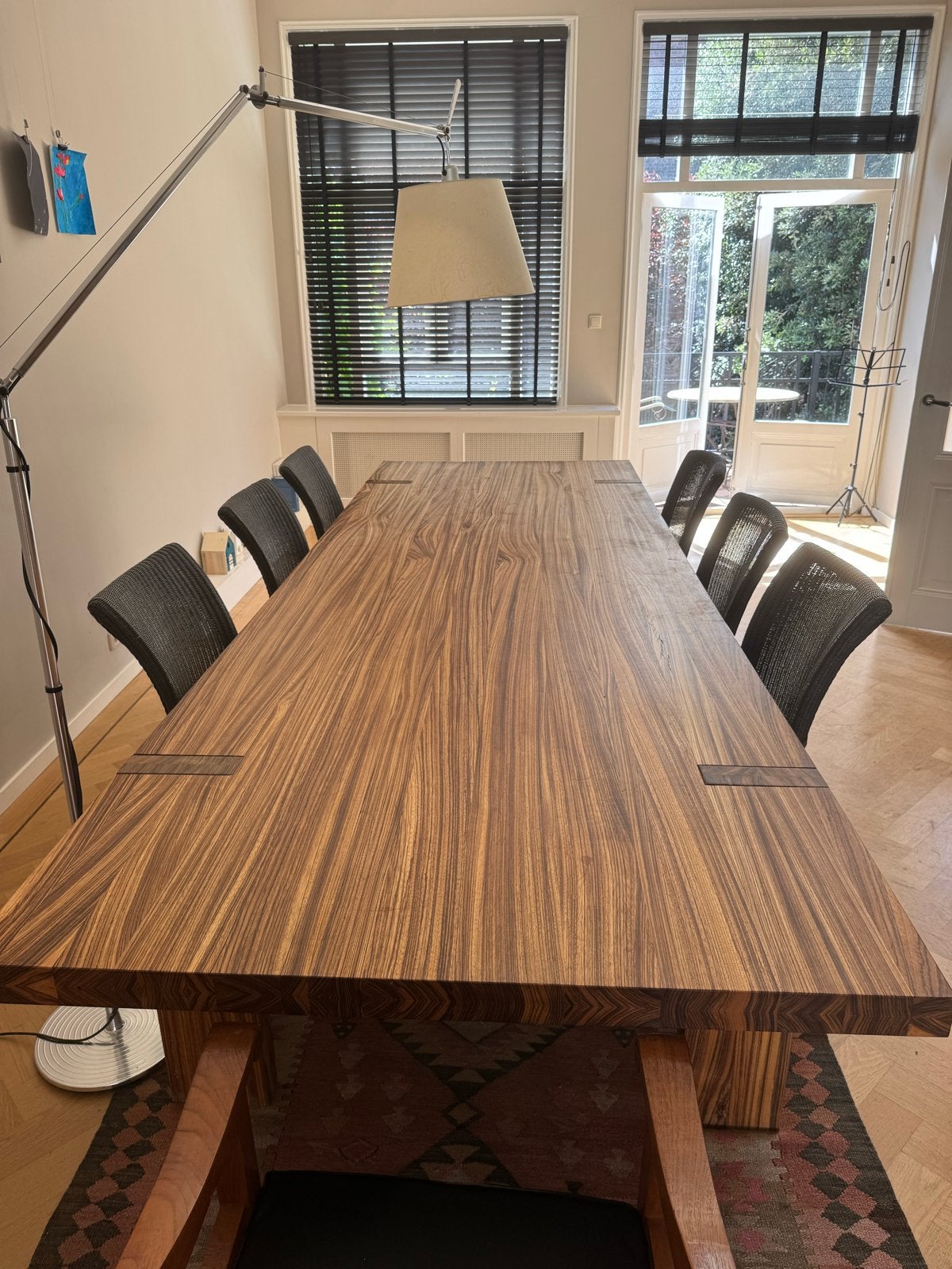 Grote massief zebrano houten tafel, Ophalen, Gebruikt, 100 tot 150 cm, 200 cm of meer