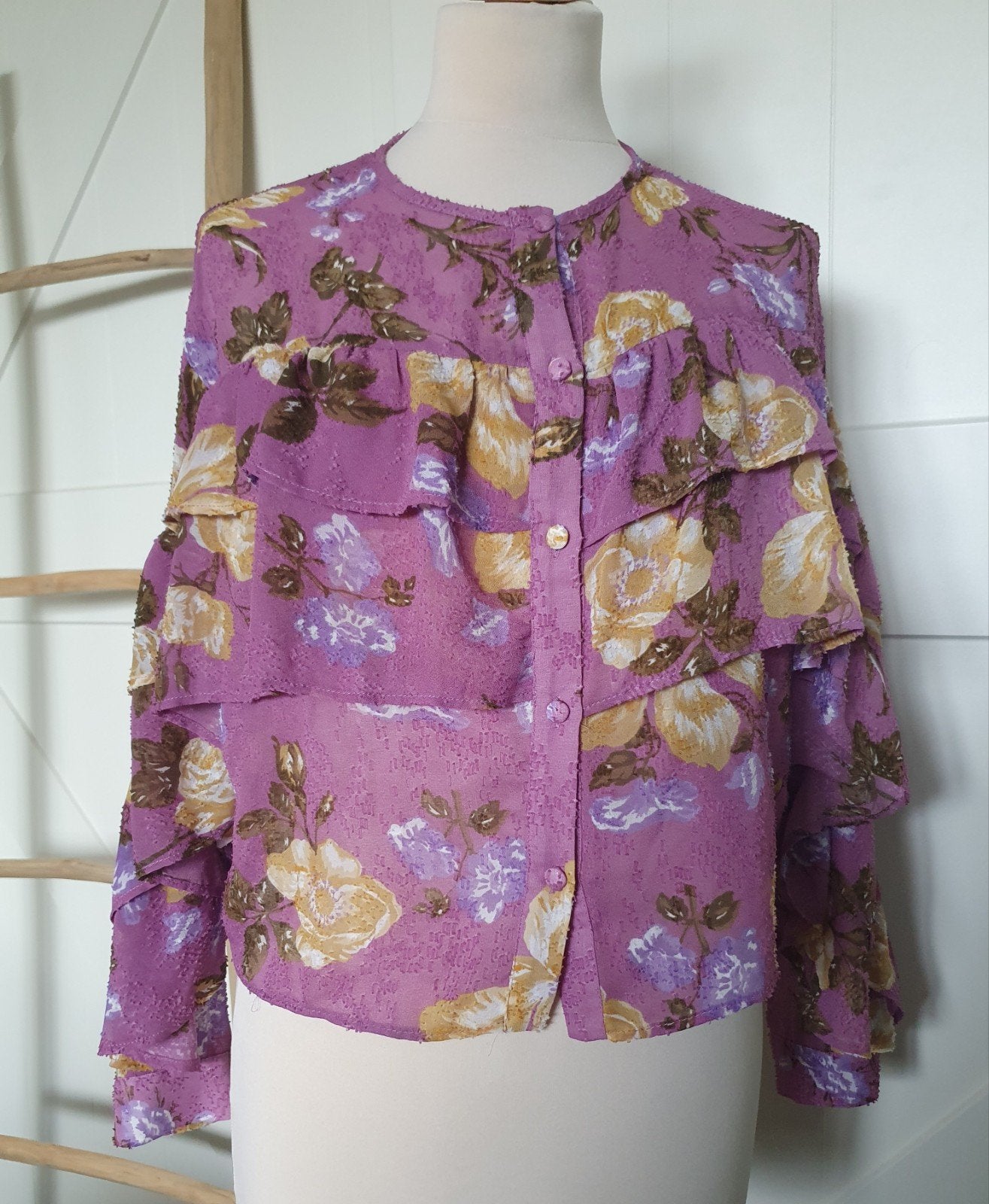 Zara paarse blouse met bloemenprint en ruches, Zara, Paars, Ophalen of Verzenden, Zo goed als nieuw