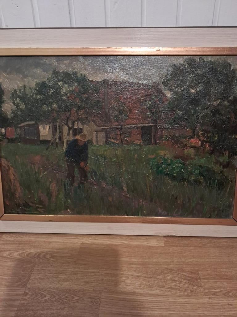 Schilderij Herman Dijkstra - Boer aan het werk, Antiek en Kunst, Kunst | Schilderijen | Klassiek, Ophalen