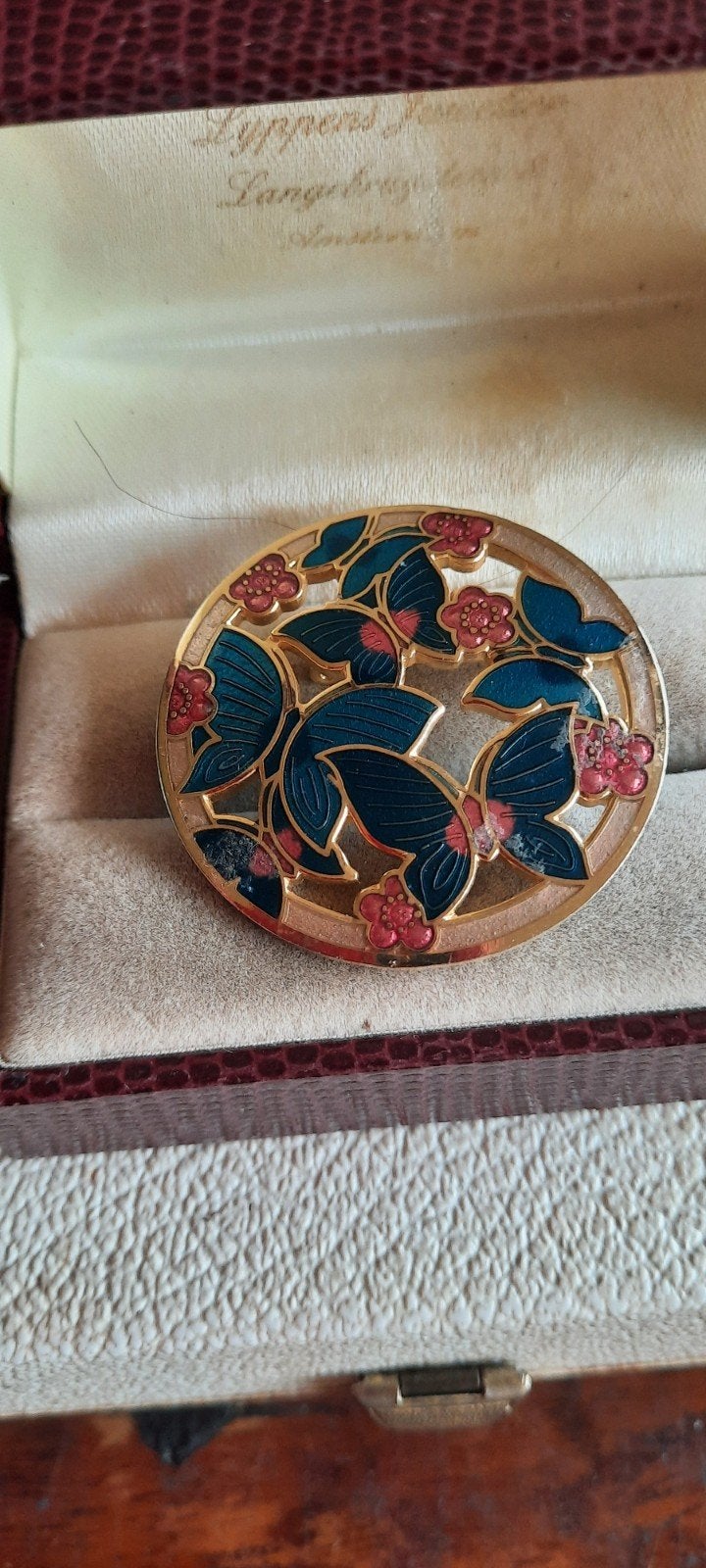 Vintage broche emaille cloisonné,decor  vlinders, blauw., Overige materialen, 4 tot 7 cm, Gebruikt, Blauw