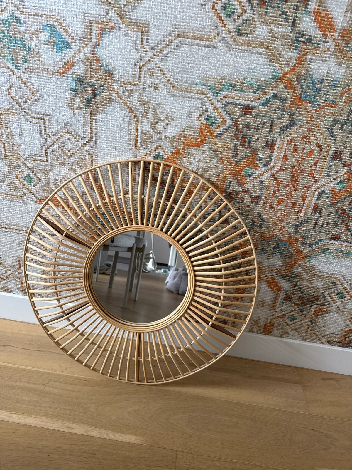 Rotan spiegel met ophangsysteem, Gebruikt, Rond, Ophalen of Verzenden, Minder dan 100 cm