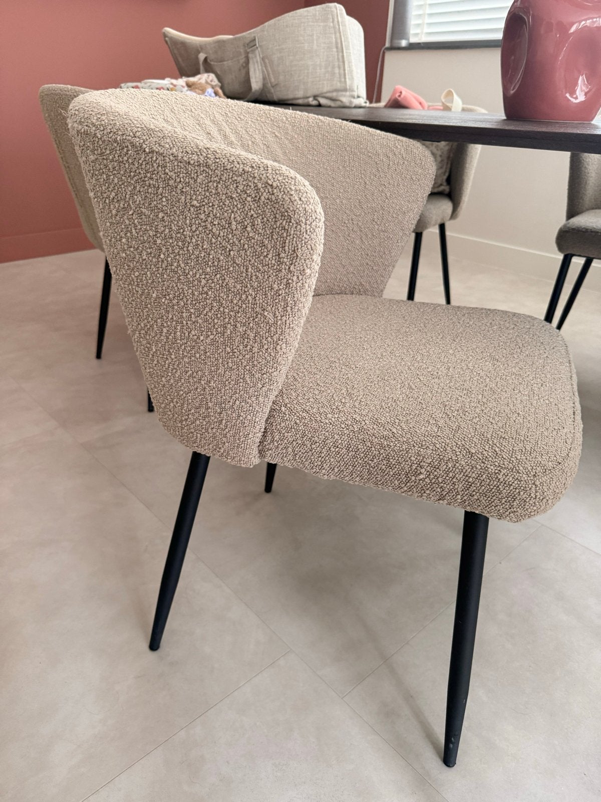 6 Eleonora Santos eetkamerstoelen beige bouclé, Ophalen, Gebruikt, Overige kleuren, Stof