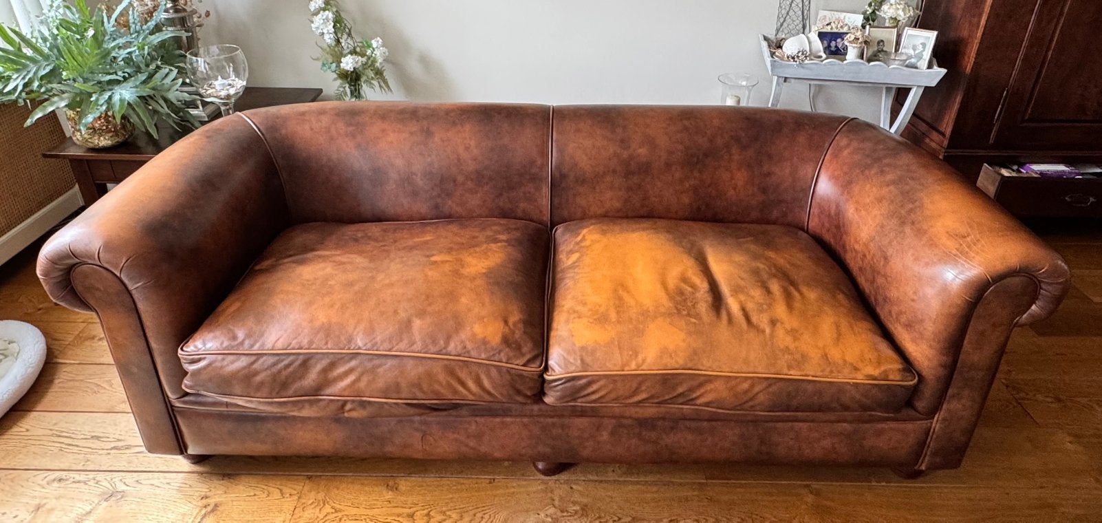 Leren chesterfield bank zonder noppen, Ophalen, Gebruikt, Klassiek chesterfield, Tweepersoons