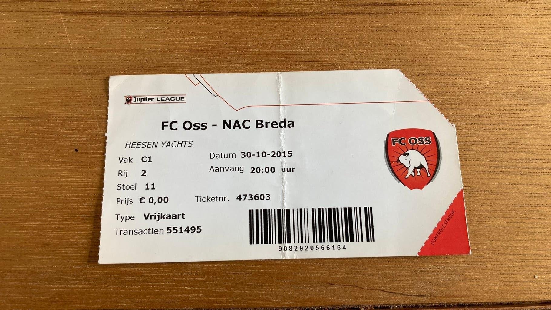 Ticket FC Oss - NAC 30 november 2015, Ophalen of Verzenden, Gebruikt, NAC Breda