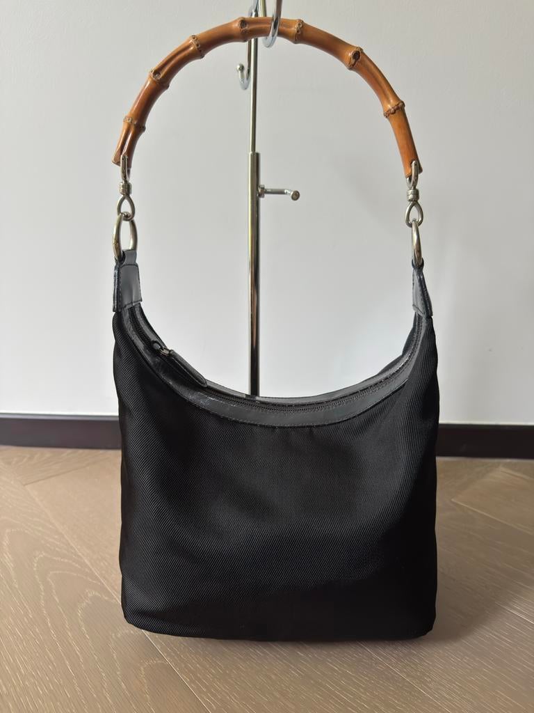 Gucci Zwarte Nylon Bamboe Hobo Tas, Ophalen of Verzenden, Gebruikt, Zwart, Handtas