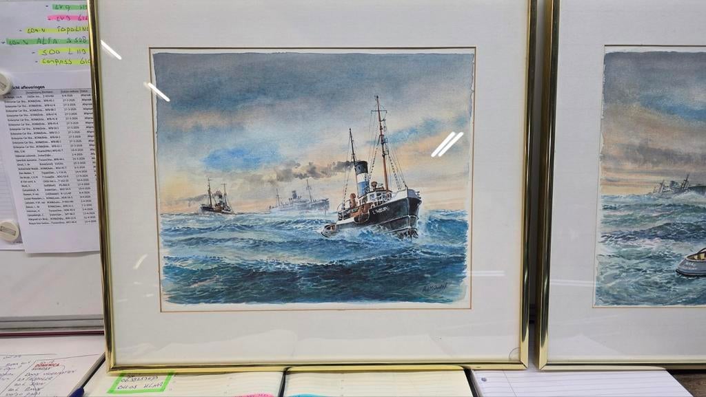 Twee ingelijste steendruk van Ad M. Oudes - Schepen op zee, Ophalen of Verzenden
