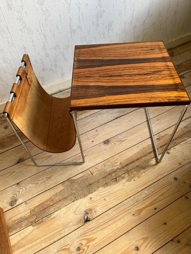 Vintage Brabantia bijzettafeltjes met leren lectuurbak, Huis en Inrichting, Woonaccessoires | Krantenbakken en Lectuurbakken, Ophalen